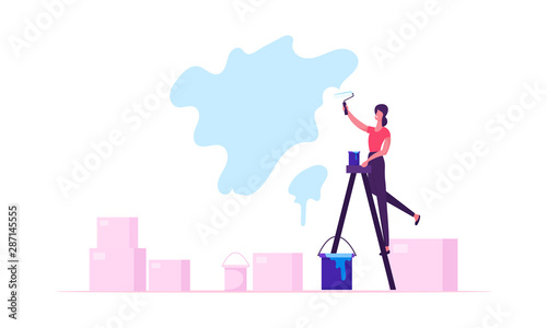Girl Painter, Designer or Worker Stand on Ladder with Dye Buckets around Coloring Wall with Paint Roller. Interior Design and Home Renovation and Remodeling. Concept Cartoon Flat Vector Illustration