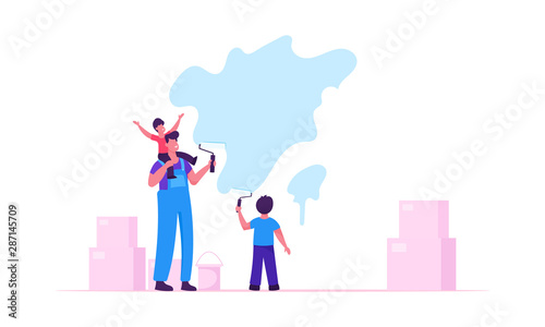 Young Family Make Repair at Home. Cheerful Father and Little Sons Coloring Wall with Paint Rollers Overhaul of House. Concept for Design and Renovation House Interior Cartoon Flat Vector Illustration