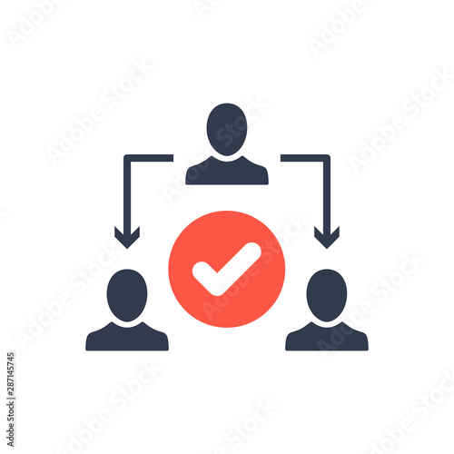 Assignment, Delegate, Delegating, Distribution icon with check sign, approved, confirm, done, tick, completed symbol