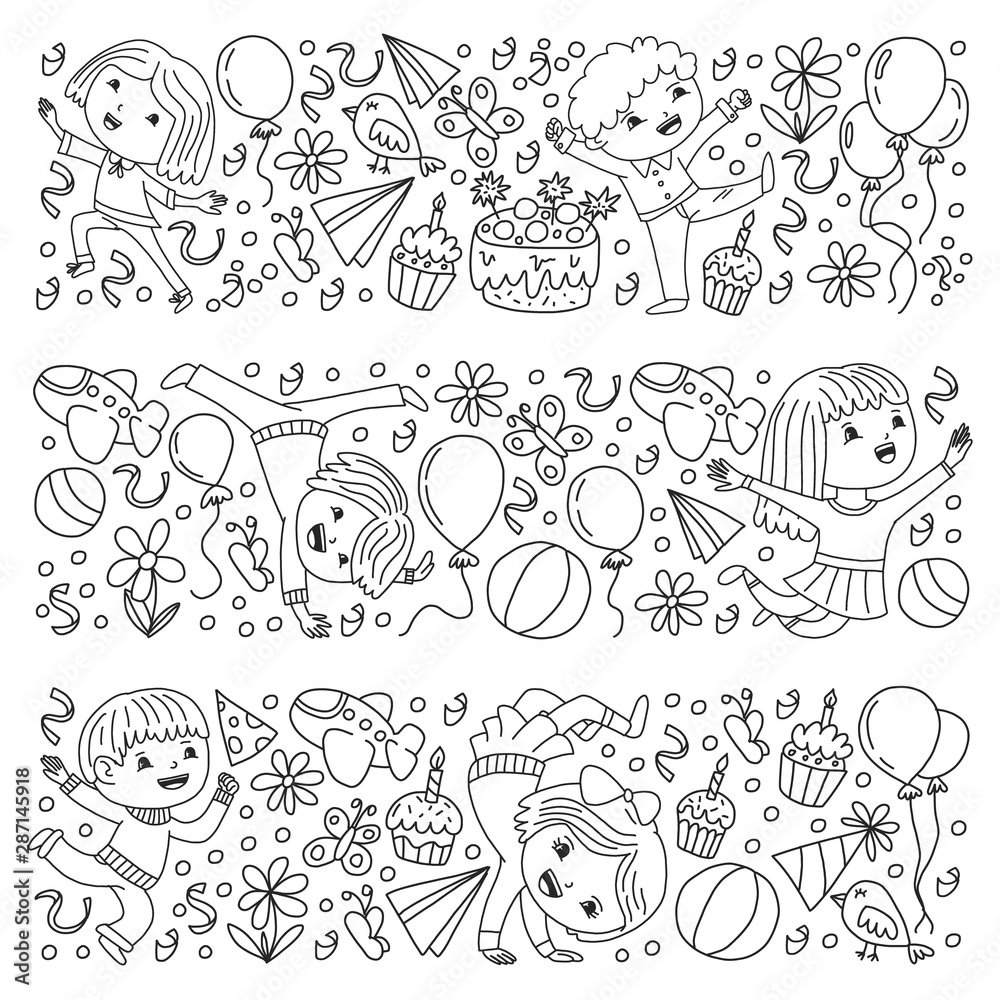 Vector illustration in cartoon style, active company of playful preschool kids jumping, at a party, birthday. Drawing on exercise notebook.