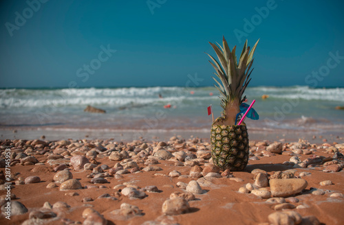 sea, beach, cocktail, pineapple, sand summer vacation