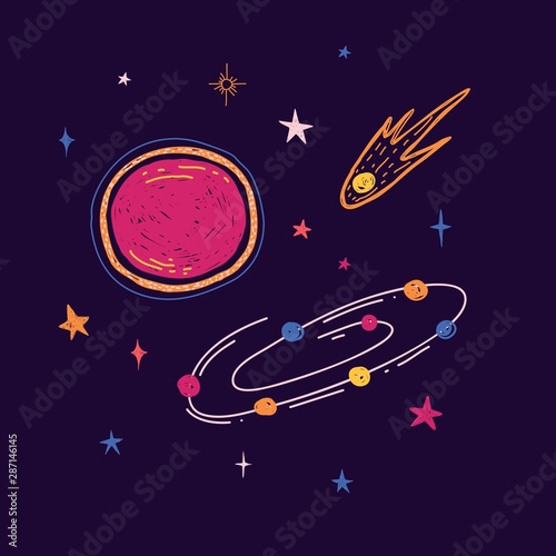 Template Design with cartoon graphic space. Print with the composition of planets and stars. Children illustration cute doodle style with universe and starry. Vector