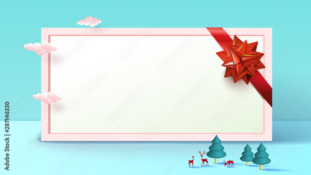 Red ribbon bow on pink frame Happy Christmas background with copy-space for your product. Empty space for advertising. Modern abstract cover,