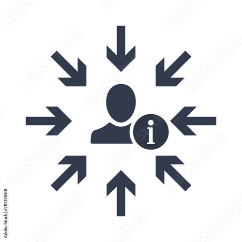 Target audience. Customer, client targeting. Consumer centricity. Focus human icon with information sign, about, faq, help, hint symbol