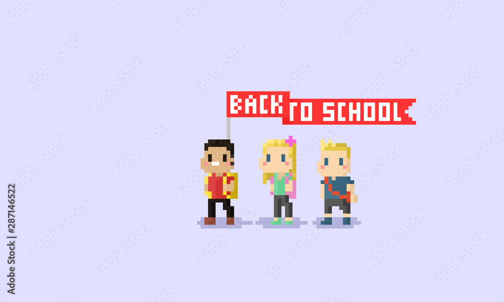 Pixel art cartoon student character with red flag.