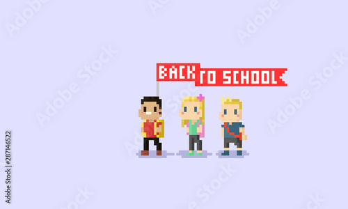 Pixel art cartoon student character with red flag.