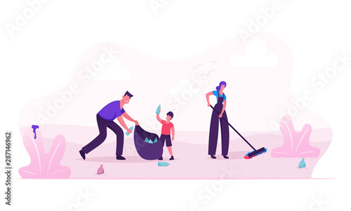Happy Family Picking Up Litter on Beach or City Park During Cleanup. Mother Father and Son Volunteers Collecting Trash to Bag, Environmental Pollution Problem. Cartoon Flat Vector Illustration