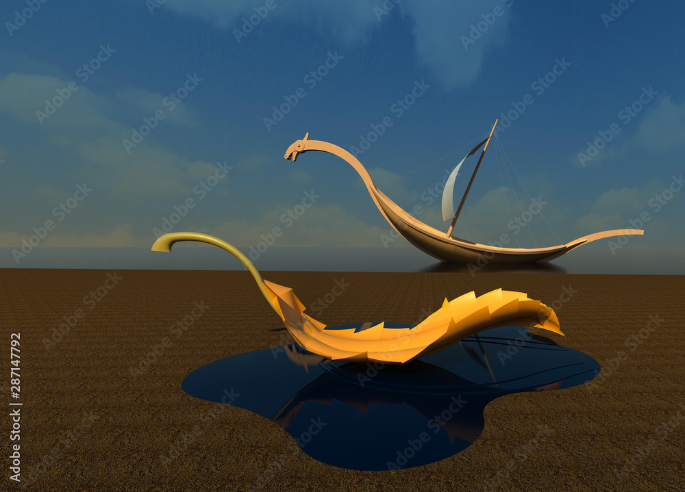 Obraz premium An autumn leaf floating in a puddle and a Viking ship in the sea at the background 3D illustration 2. Shapes and places similarity, perspective view. Collection.