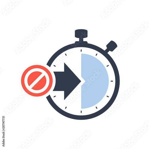 Stopwatch symbol with arrow. Launch, management, optimization, release concept icon with not allowed sign, block, forbidden, prohibit symbol