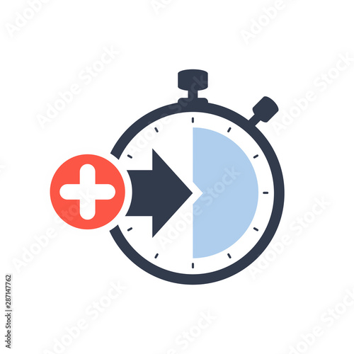 Stopwatch symbol with arrow. Launch, management, optimization, release concept icon with add sign, new, plus, positive symbol
