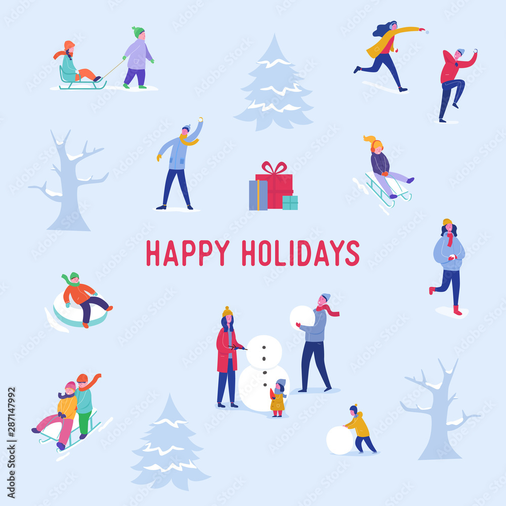 Xmas Party Card or Invitation Poster. People characters on sledges, making snowman, playing in snow, celebrating Merry Christmas and Happy New Year night. Vector illustration