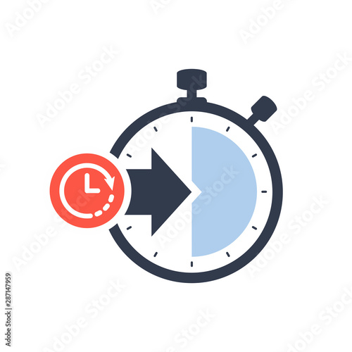 Stopwatch symbol with arrow. Launch, management, optimization, release concept icon with clock sign, countdown, deadline, schedule, planning symbol
