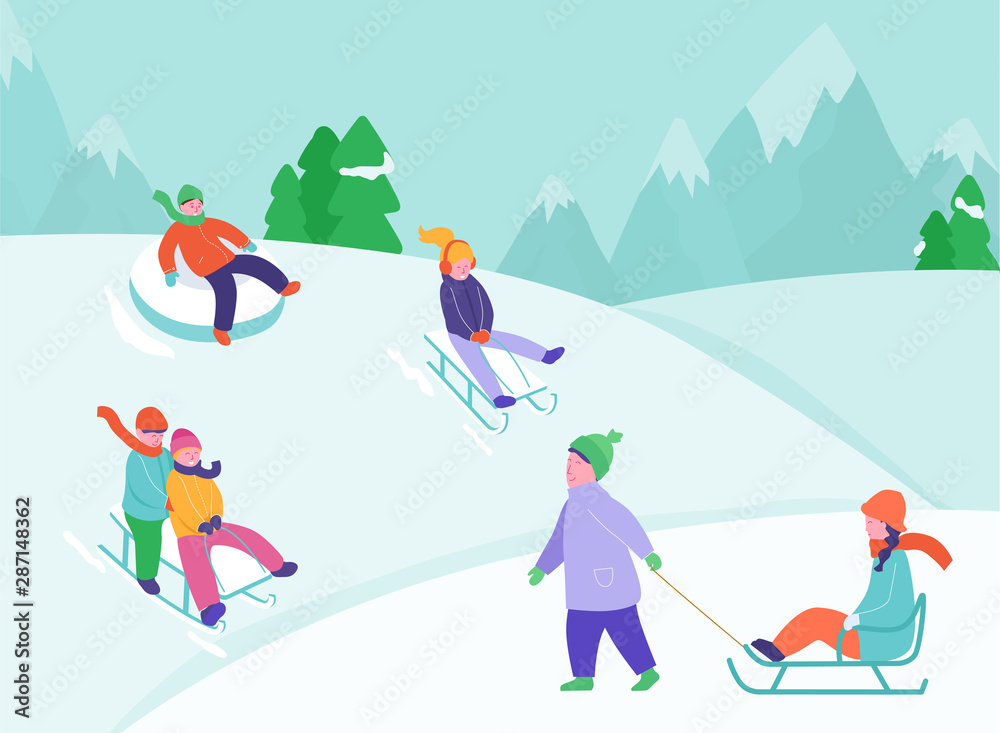 Kids riding sledding slide. Snow landscape, winter snowy fun activities. Sled speed riding or children holiday sledge ride game activity vector illustration