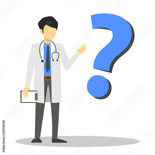 Male doctor and question mark. Physician in white