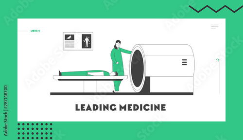 Mri Scanner in Hospital Website Landing Page. Magnetic Resonance Imaging Digital Technology in Medicine Diagnostic. Doctor and Patient in Clinic Web Page Banner. Cartoon Flat Vector Illustration