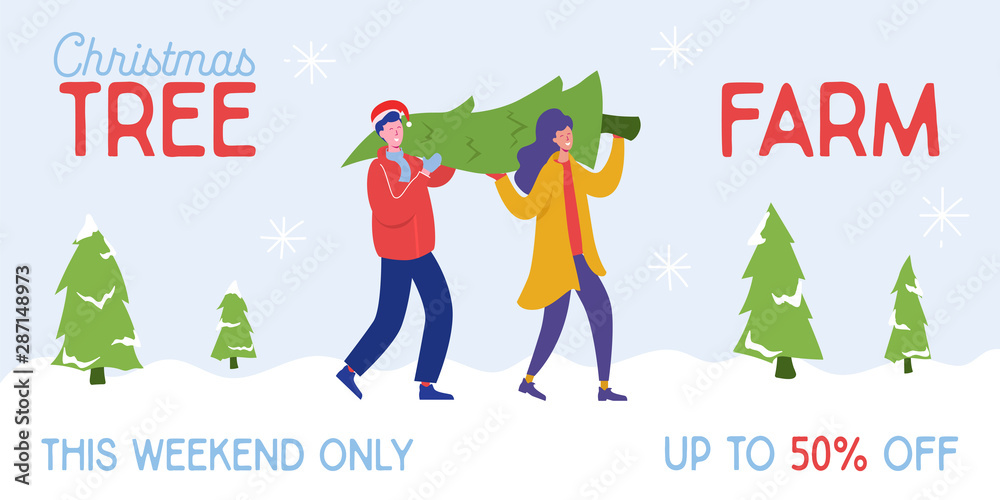 Voorschrijven Geometrie Draai vast Sale banner of people carrying, buying Christmas trees and celebrating  winter holidays. Men, women characters, family do shopping for New Year  celebration Design template poster. Vector illustration Stock Vector |  Adobe Stock