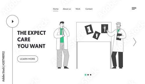 Medical Specialists Concilium Website Landing Page. Doctors Consultation Meeting in Hospital Stand at Laboratory Equipment Board with Images of Xray Web Page Banner. Cartoon Flat Vector Illustration