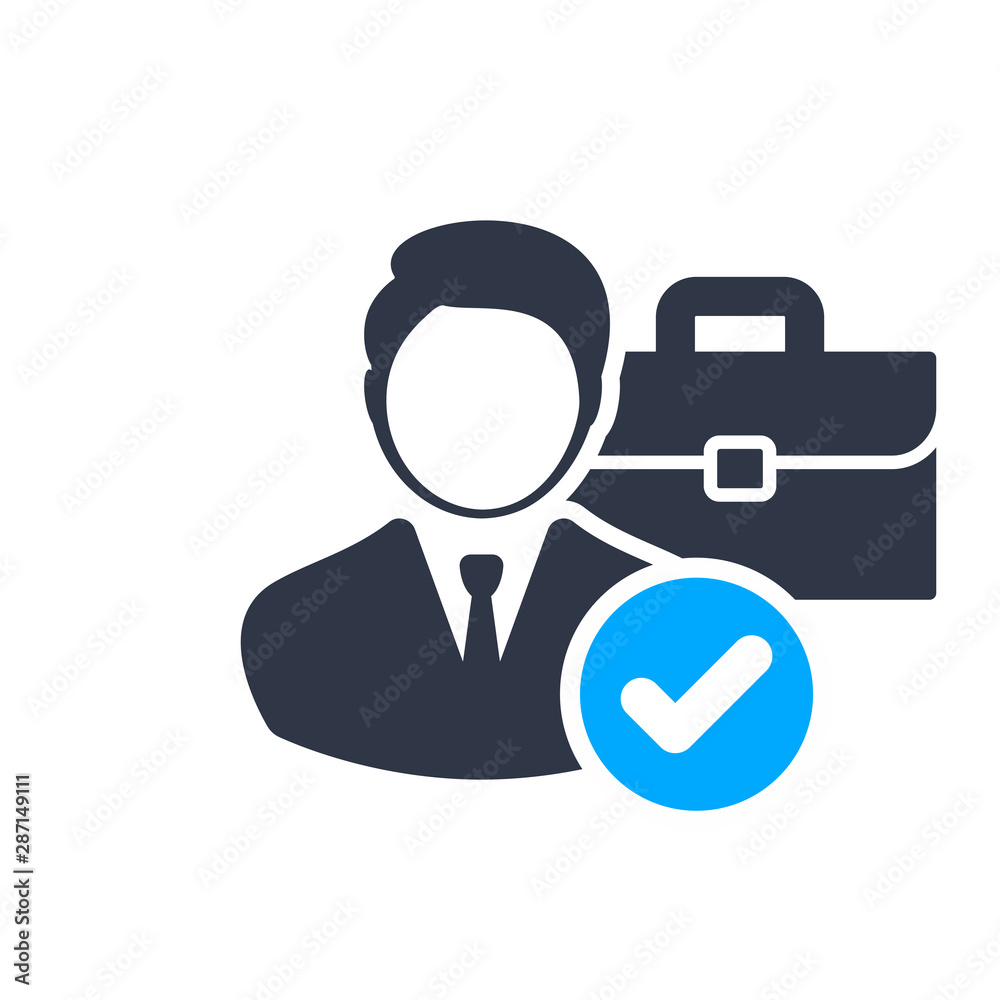 Job offer concept. briefcase. Management. Headhunting icon with check sign, approved, confirm, done, tick, completed symbol