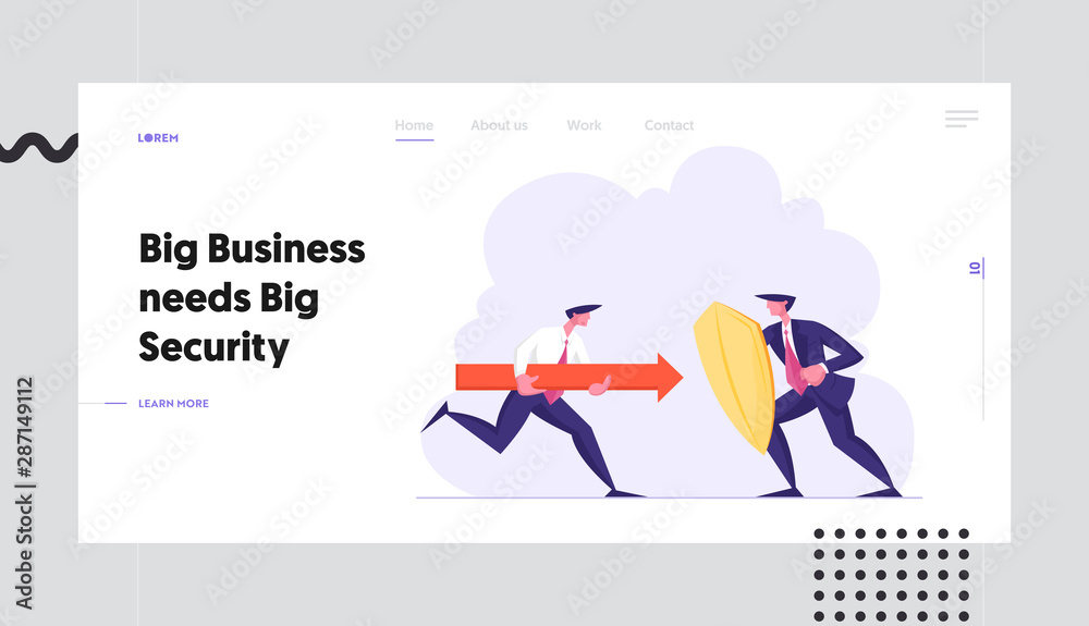 Business Protection and Challenge Website Landing Page. Businessman Holding Huge Red Arrow Attacking Business Man Protecting himself with Golden Shield Web Page Banner Cartoon Flat Vector Illustration Business Protection and Challenge Website Landing Page. Businessman Holding Huge Red Arrow Attacking Business Man Protecting himself with Golden Shield Web Page Banner Cartoon Flat Vector Illustration