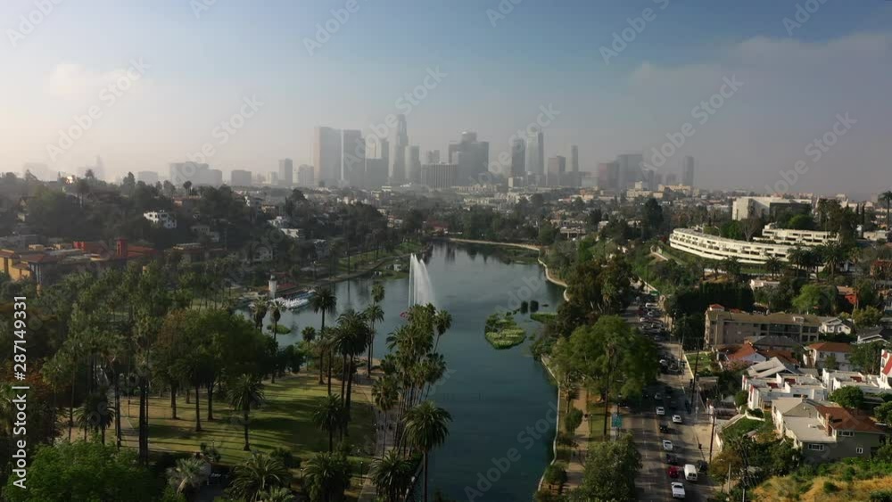 Aerial: Busy Street in Downtown LA Running Along Echo Park on Sunny Day - Los Angeles, California Aerial: Busy Street in Downtown LA Running Along Echo Park on Sunny Day - Los Angeles, California