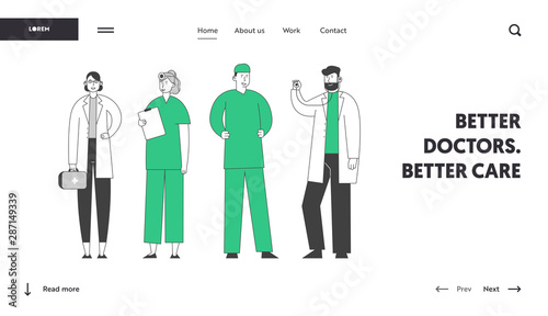 Hospital Healthcare Staff at Work Website Landing Page. Doctors and Nurses Stand in Row Speaking and Communicating in Clinic, Medicine Occupation Web Page Banner. Cartoon Flat Vector Illustration