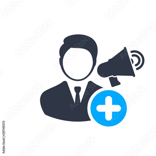 Business Marketing Manager icon with add sign, new, plus, positive symbol