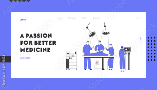 Surgery Room in Hospital Website Landing Page. Surgeon Making Operation to Patient Lying on Bed Nurse Control Process on Monitor with Stomach Image Web Page Banner. Cartoon Flat Vector Illustration