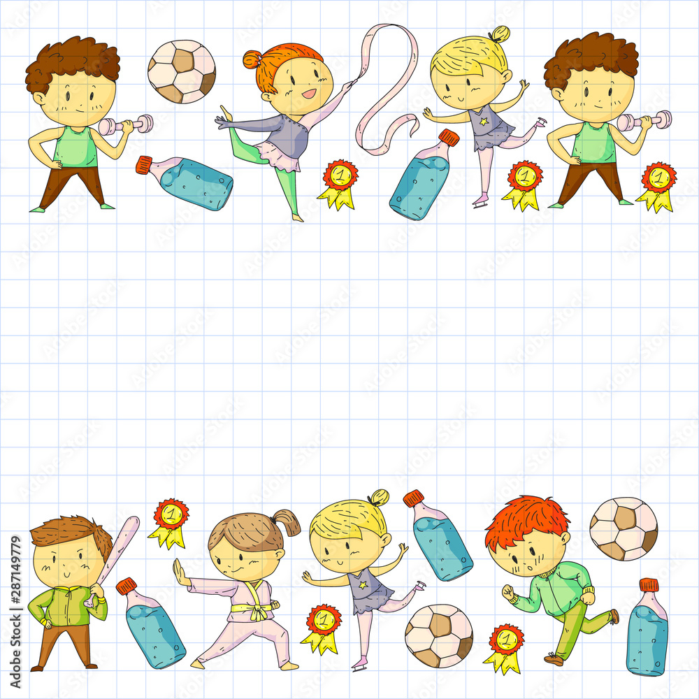 Children and sport. Vector illustration of activities. Football, soccer, running, dancing, martial arts. Health care in school and kindergarten. Children and sport. Vector illustration of activities. Football, soccer, running, dancing, martial arts. Health care in school and kindergarten.