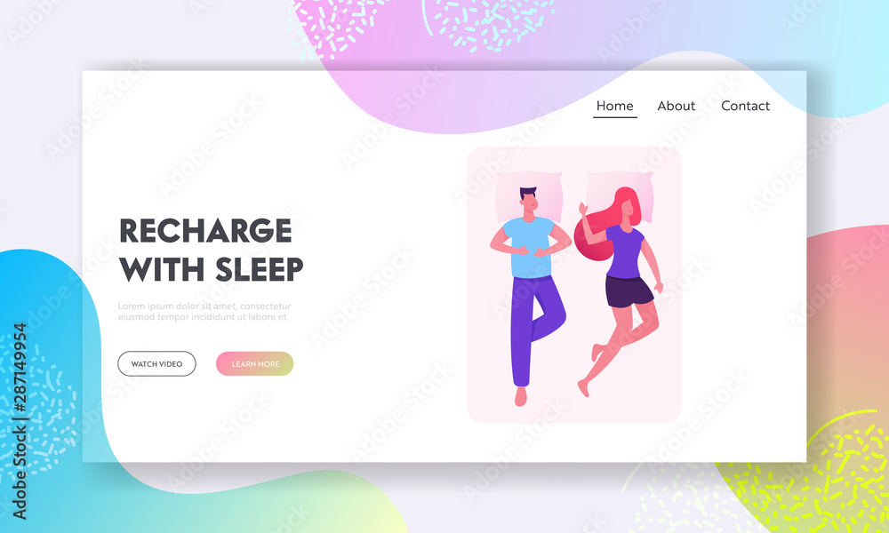 Sleeping People Website Landing Page. Heterosexual Couple Man and Woman Lying in One Bed Relaxing and Dreaming at Night Time for Leisure and Relaxation Web Page Banner Cartoon Flat Vector Illustration Sleeping People Website Landing Page. Heterosexual Couple Man and Woman Lying in One Bed Relaxing and Dreaming at Night Time for Leisure and Relaxation Web Page Banner Cartoon Flat Vector Illustration