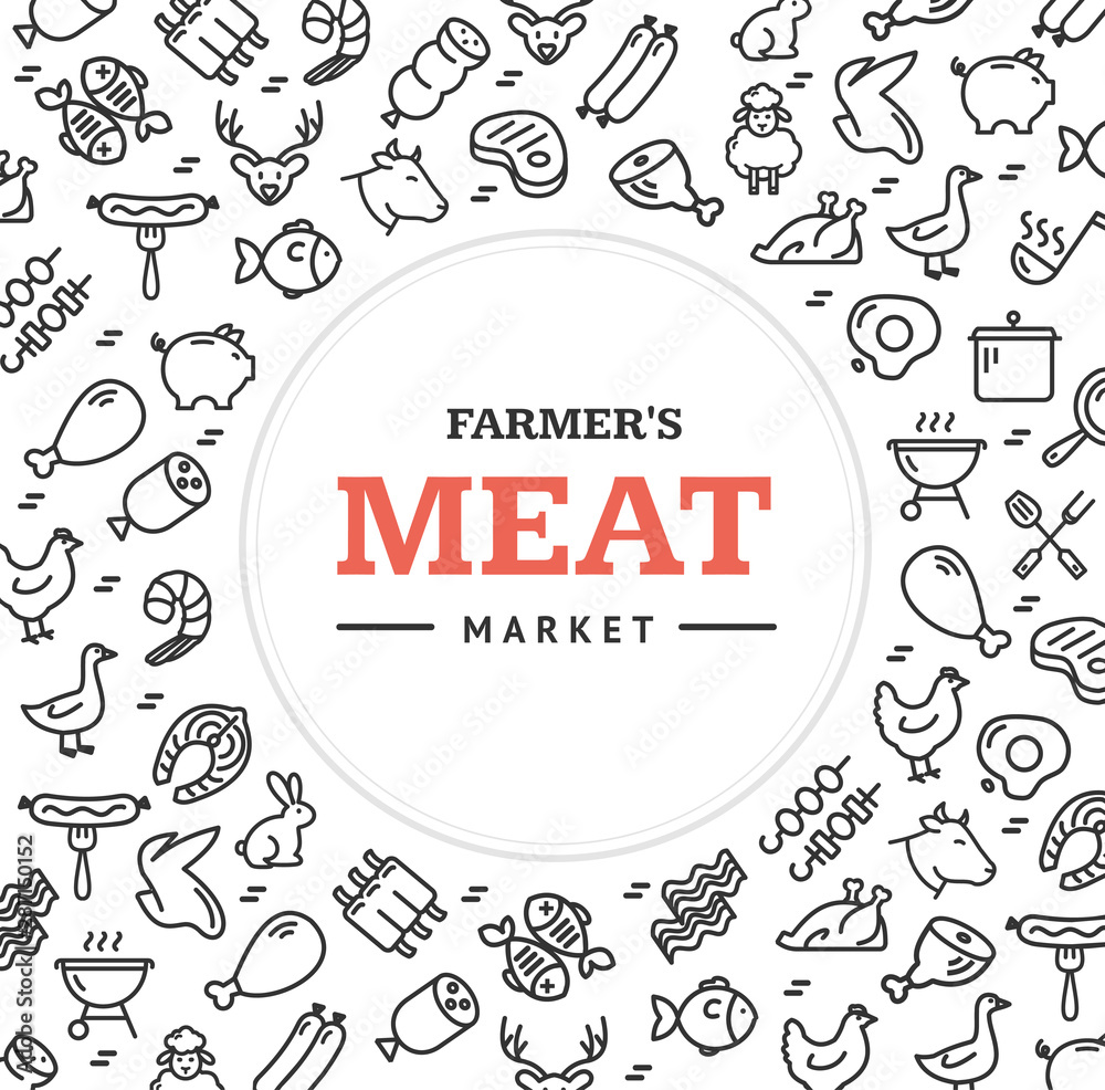 Naklejka premium Meat Butchery Signs Round Design Template Thin Line Icon Concept. Vector