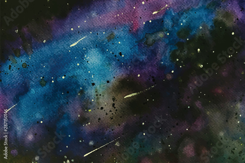 Vector illustration with watercolor night stars and the Milky Way. Black galaxy background in our universe