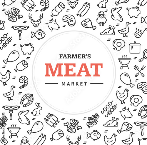 Meat Butchery Signs Round Design Template Thin Line Icon Concept. Vector