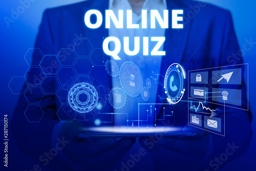 Text sign showing Online Quiz. Business photo text game or a mind sport that are published on the Internet Male human wear formal work suit presenting presentation using smart device