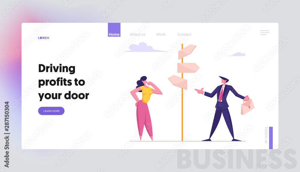 Business Challenge Task Solution Choice Way Concept Website Landing Page. Businessman and Businesswoman Stand on Crossroad Fork Pointer Making Decision Web Page Banner Cartoon Flat Vector Illustration