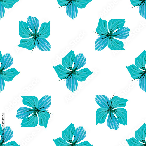 Hibiscus flower. Seamless tropic pattern. Palm background