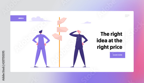 Difficult Choice Website Landing Page. Businessmen Stand at Crossroad Looking Directional Signs Arrows Making Important Decision for Success Profit Web Page Banner. Cartoon Flat Vector Illustration