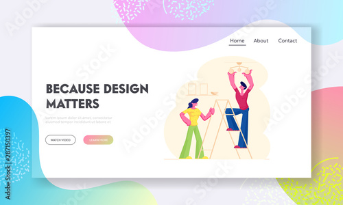 Man Standing on Ladder Hanging Lamp on Ceiling Website Landing Page. Couple Decorating Living Room Apartment, Husband and Wife Decorate Home Interior Web Page Banner. Cartoon Flat Vector Illustration