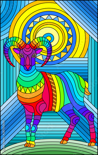 Illustration in stained glass style with abstract geometric rainbow ram on a blue background 