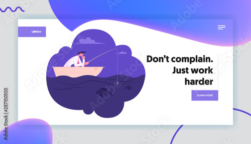 Useless Work, Creative Crisis Website Landing Page. Businessman Sitting in Boat with Fishing Rod Catching Fish without Bait on Hook, Fish dont Bite. Web Page Banner. Cartoon Flat Vector Illustration