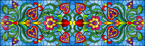 Illustration in stained glass style with abstract swirls,flowers and leaves on a blue background,horizontal orientation