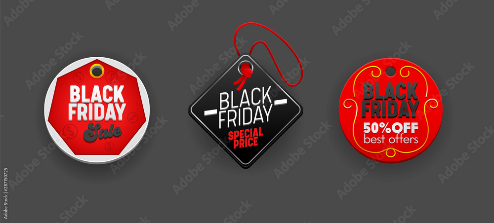 Black Friday Sale Round and Rhombus Tags Set, Discount Templates. Various Design Elements for Decorating Promo Advertising Off Poster in Social Media. Ad Design Vector Illustration, Icon Sticker