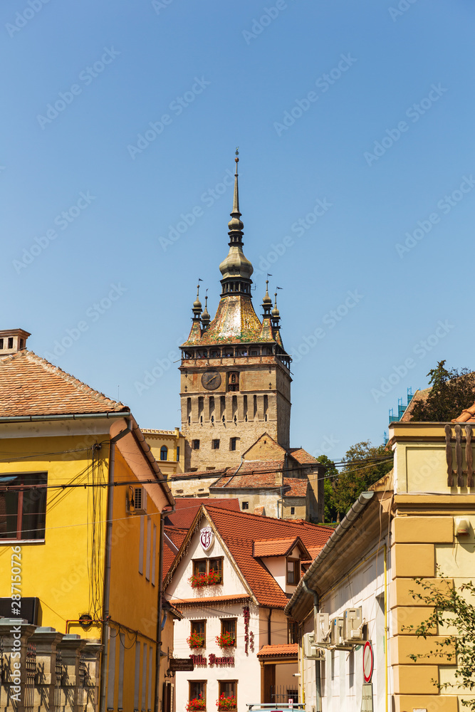 Town Hall on the street of the old town of Sighisoara August 8, 2019