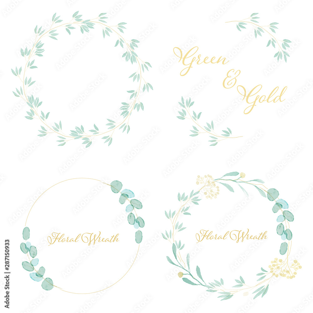 golden frame with watercolor green leafs wreath collection