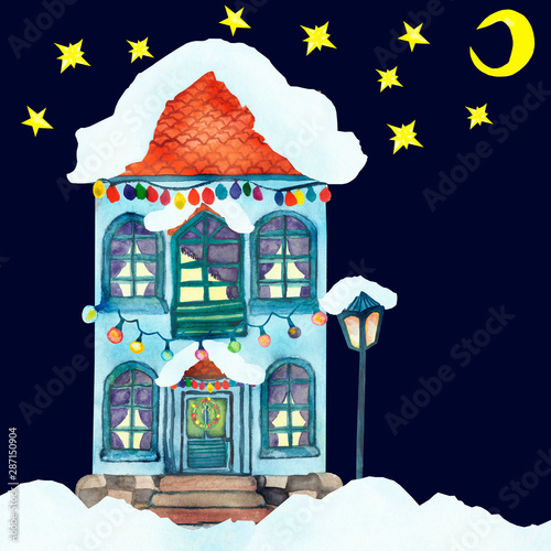 Watercolor hand painted night winter tiny two-story house with red roof, garland, lamp, snow at the roof on the blue background and yellow stars and moon around