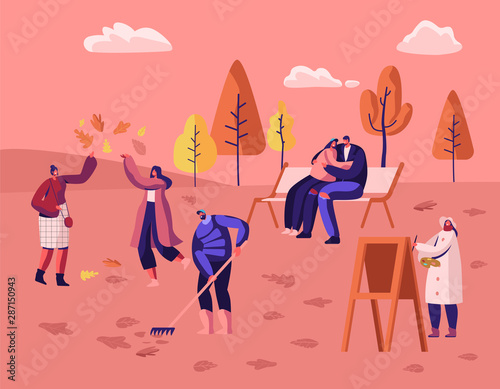 People Walking in Autumn City Park among Colorful Trees and Fallen Leaves. Painter Drawing Picture, Young Couple Hugging on Bench, Man Raking Ground, Girls Playing. Cartoon Flat Vector Illustration