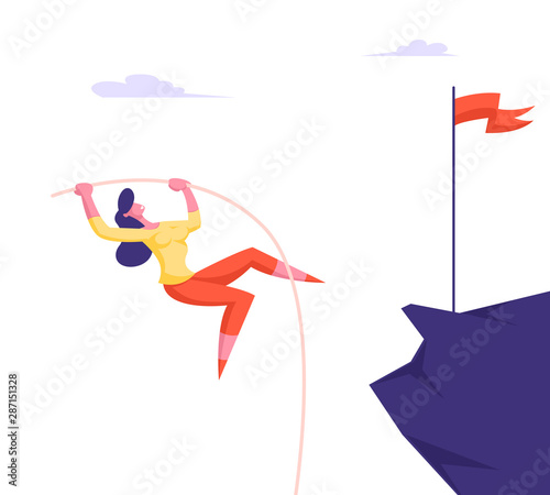 Business Competition Concept with Young Businesswoman Pole Vaulting on Top of High Mountain with Red Flag on Peak. Jump to Success, Career Boost and Leadership Concept Cartoon Flat Vector Illustration