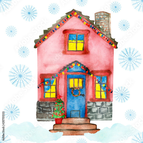 Watercolor hand painted pink two-storey house with blue door  garland with stone stair isolated on the white background with blue snowflakes around the tiny house for christmas cards