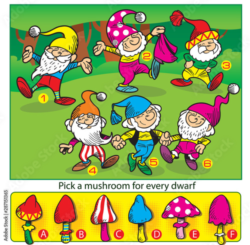 Vector illustration with a puzzle where you need to choose the right mushroom for each gnome.