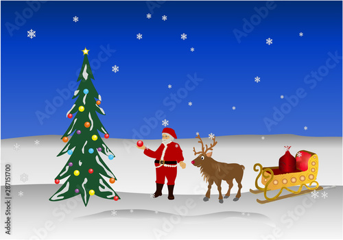 Babbo natale allestisce un abete con palline colorate insieme a renna, slitta e sacco dei doni