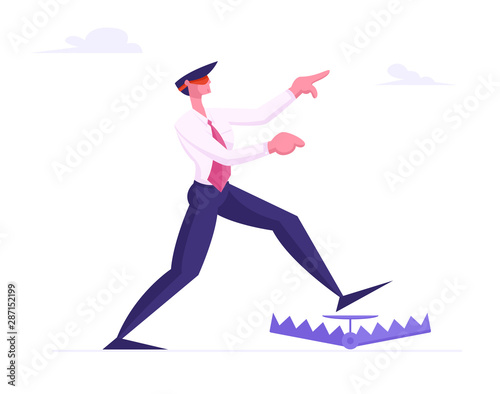 Blindfolded Businessman in Formal Suit with Bandage on Eyes Step into Trap on Ground. Inexperienced Business Man Character Problem Ignorance  Searching Solution. Cartoon Flat Vector Illustration